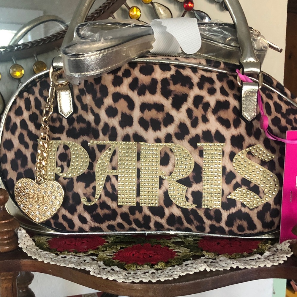 NWT Paris Hilton Leopard Bowler Bag Rhinestone Logo Gold Heart Charm